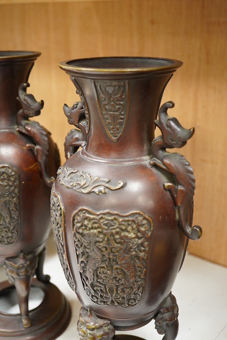 Two pairs of Japanese bronze vases, Meiji period and another, later example, largest 35cm high